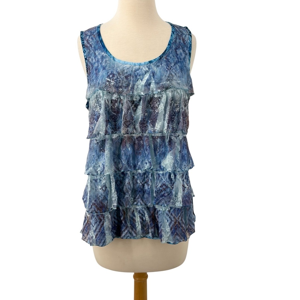 Chico's Women's Blue Ikat Tribal Print Tiered Lace Ruffle Tank Top Size 2 Large